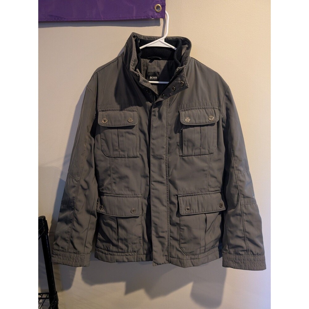Hugo Boss 44R Men's Black Field Jacket Military Utility Coat Pocket Zip Snap